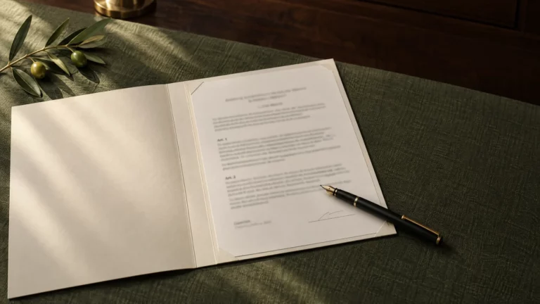 Contrat de location d'une salle des fêtes en Tunisie posé sur une surface olive avec stylo doré et branche d'olivier — Zitouna Events